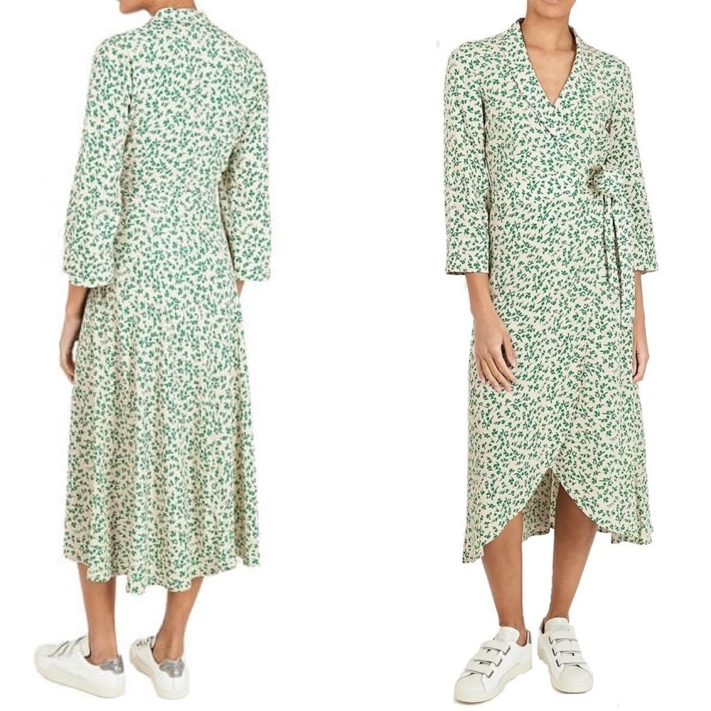 Ganni Printed Crepe Wrap Dress In Tapioca Floral - Picture 2 of 8